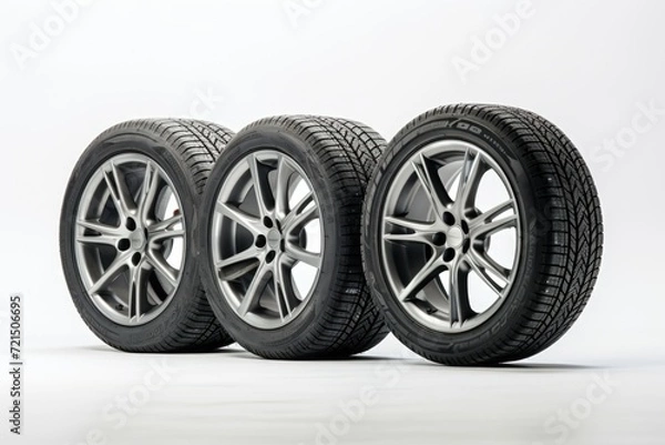 Fototapeta Four tires lined up on a white surface. Suitable for automotive and transportation themes