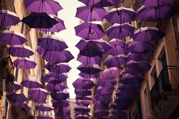 Obraz Many purple umbrellas hanging from the ceiling of a building. Can be used to depict a colorful and unique interior design