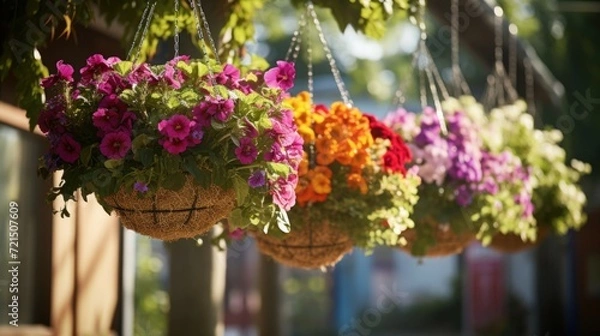 Fototapeta A row of hanging baskets filled with vibrant flowers. Perfect for adding a touch of color and beauty to any outdoor space