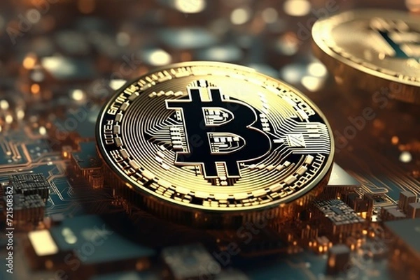 Obraz A close-up image of a bitcoin sitting on top of a circuit board. This versatile image can be used to illustrate concepts such as cryptocurrency, blockchain technology, or digital finance