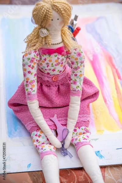 Fototapeta toddler doll on the colorful background, vintage style, selective focus
