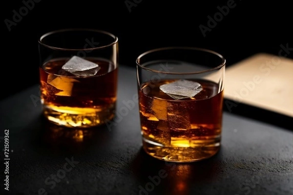 Fototapeta Two glasses of whiskey with ice on a black background, selective focus