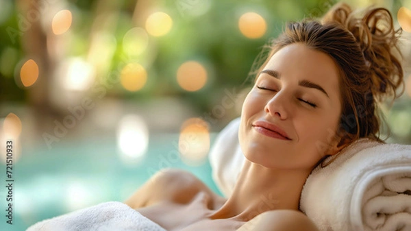 Fototapeta Portrait of a woman relaxing in the spa. Mother's Day Spa. Relaxing spa day for a mother.