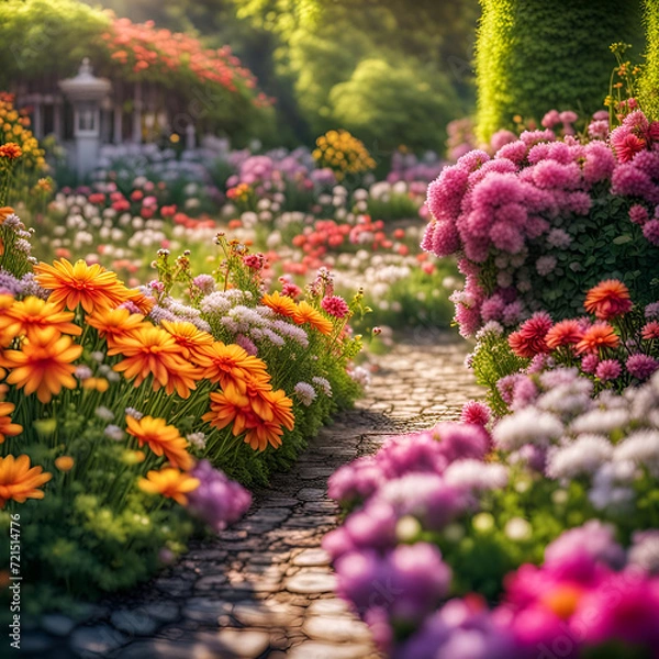 Fototapeta Nahaufnahme eines schönen Gartens voller bunter Blumen und Blüten an einem sonnigen Tag im Frühling oder Sommer nach einem Regen mit strahlendem Sonnenschein, Gärtnern, Park, gestalten