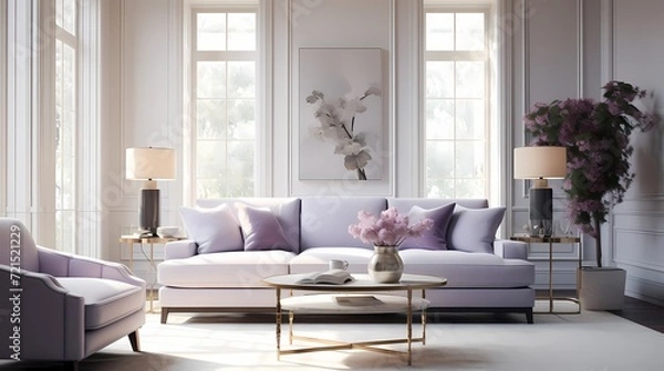Fototapeta A serene living room with a lavender couch complemented by soft, neutral-toned furnishings and an abundance of natural light pouring in from large windows.