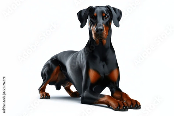 Fototapeta full body photo of a doberman dog isolated on solid white background. ai generative