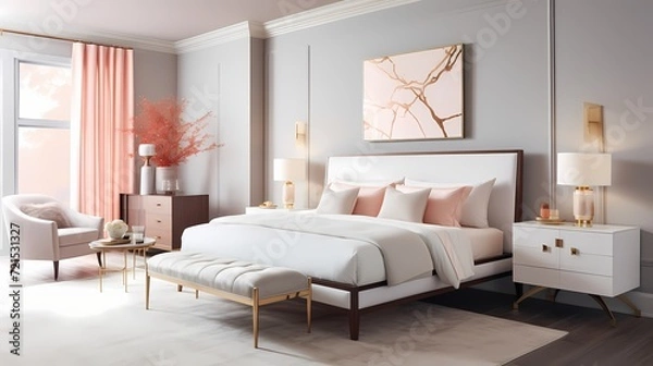 Fototapeta A modern bedroom adorned with a sleek, white and gold bed frame against a backdrop of soft, dove-gray walls and accents of pale coral, emanating modern luxury.