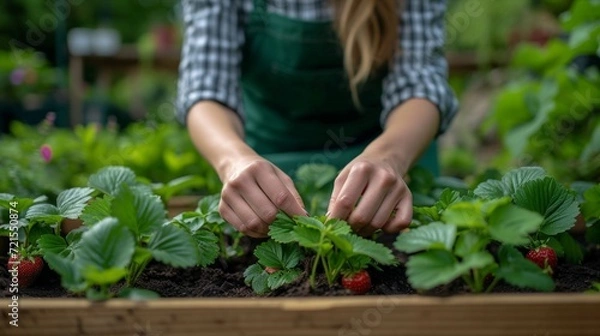 Fototapeta Woman Gardener in a green apron weeds strawberries in a wooden bed in summer garden