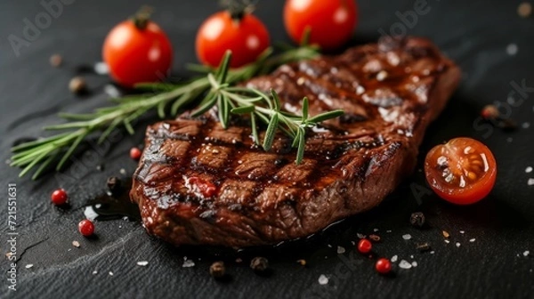 Fototapeta Delicious grilled beef steak with cherry tomatoes and a sprig of rosemary
