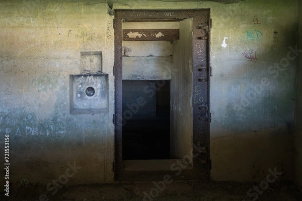 Fototapeta Interior of the remains of the German bunker from the Second World War in Normandy. armored door frame and communication telephone hole