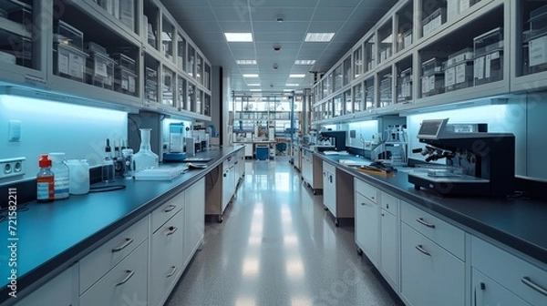 Fototapeta Modern bright biological applied science laboratory with microscopes, glass test tubes, desktop computers and displays. Advanced biotechnology lab for vaccine development.