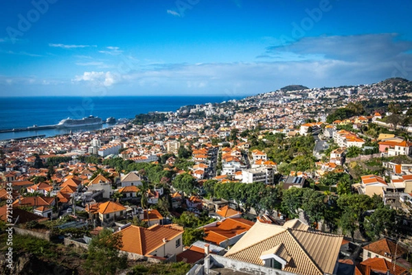 Fototapeta panoramic view over funchal and monte from cable car, aerial view, madeira, portugal, sea, mountains