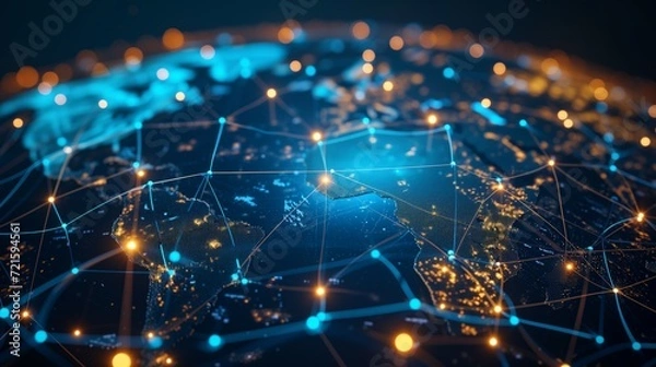 Fototapeta Abstract representation of global connectivity with glowing nodes and lines