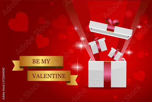 Fototapeta Valentine's day design. Realistic red gifts boxes. Open gift box full of decorative festive object. Holiday banner, web poster, stylish brochure, greeting card, cover. Romantic background