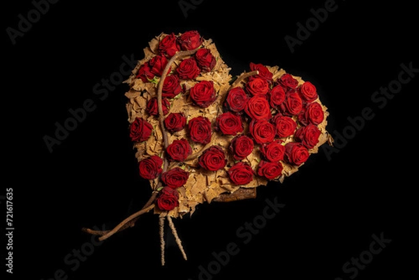 Fototapeta red roses in wicker heart floral arrangement on black background
