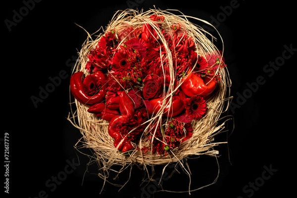 Fototapeta red roses and pumpkins in round wicker flower arrangement