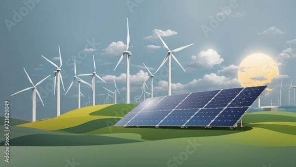 Fototapeta coexistence of wind and solar energy. Wind turbines and solar panels in a green landscape, demonstrating the potential of sustainable collaboration for a cleaner future
