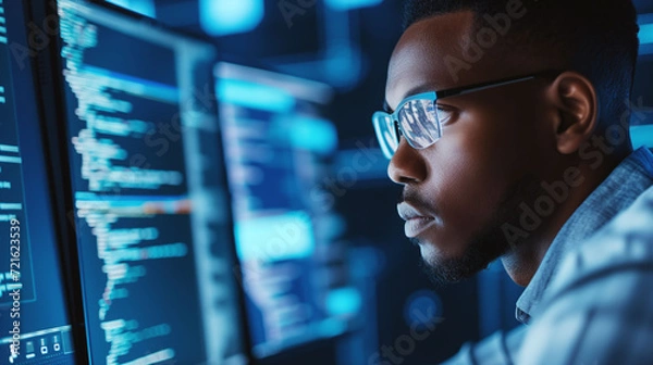 Obraz Close-up of a focused African American cybersecurity expert wearing glasses, analyzing complex data on multiple computer screens in a dimly lit office