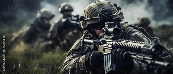 Fototapeta A group of soldiers with weapons on a mission. Close-up of one of the soldiers from the group