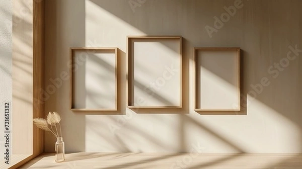 Fototapeta Minimalist Geometric Wooden Frame Trio Mockup - Light Beige Bauhaus-Inspired Wall Display with Light and Shadow Elements for Portrait Miniatures