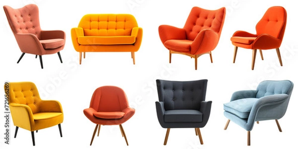 Fototapeta Collection set of retro mid-century modern armchairs cutouts single seat sofas isolated on transparent background.