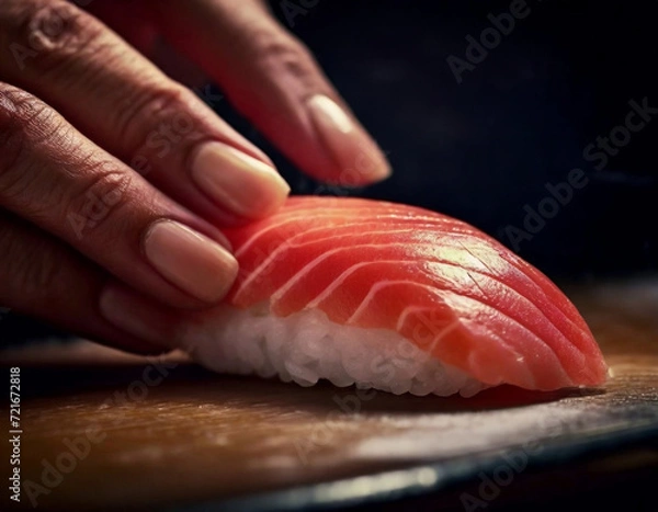 Fototapeta 寿司職人の熟練の技 - マグロのにぎり寿司の美しさを際立たせる