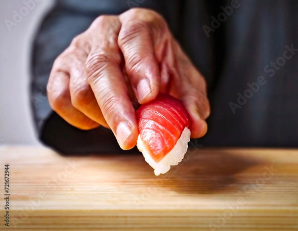 Fototapeta 寿司職人の熟練の技 - マグロのにぎり寿司の美しさを際立たせる