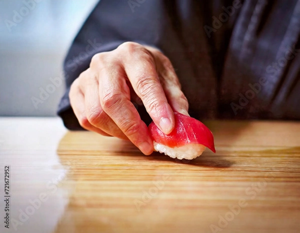 Fototapeta 寿司職人の熟練の技 - マグロのにぎり寿司の美しさを際立たせる