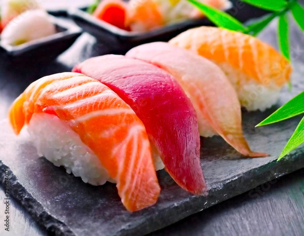 Obraz 和食の頂点である寿司の饗宴 - マグロを中心に様々な寿司ネタが魅せる美の共演