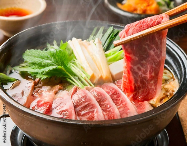 Fototapeta 豪華な高級和牛のすきやき - 芸術的に彩られた豊かな食材