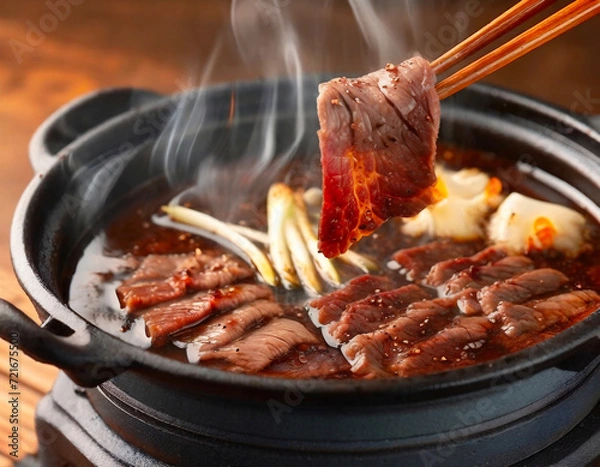 Fototapeta 豪華な高級和牛のすきやき - 芸術的に彩られた豊かな食材