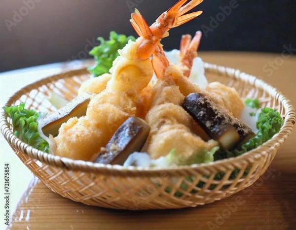 Fototapeta プロフェッショナルの天ぷら職人の技で揚げられ、使い込まれた業務用の銅鍋で踊るサクサクの衣のエビ天ぷら