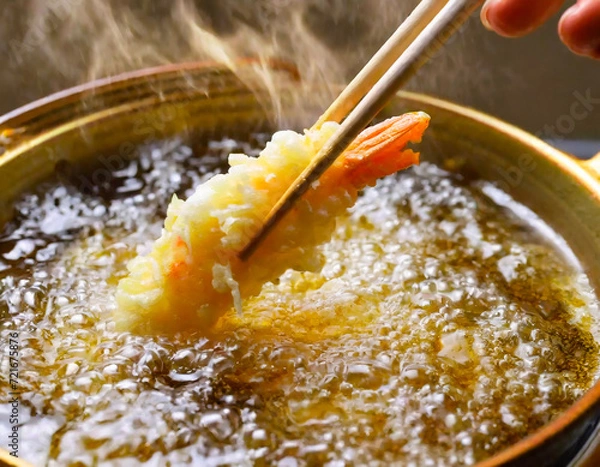 Fototapeta プロフェッショナルの天ぷら職人の技で揚げられ、使い込まれた業務用の銅鍋で踊るサクサクの衣のエビ天ぷら