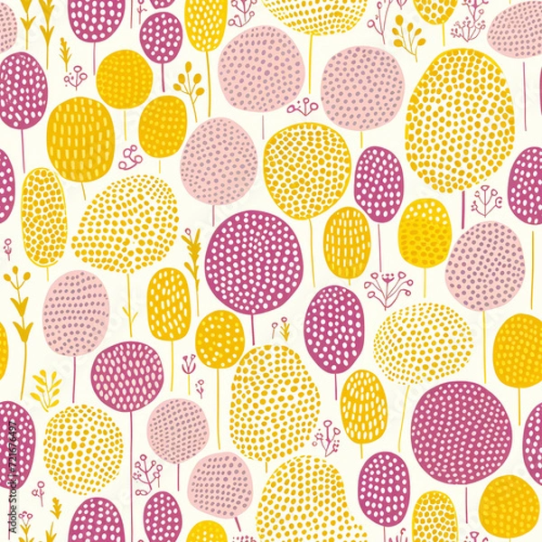 Obraz Dotty Doodle Pink and Yellow Tree Background Seamless Pattern