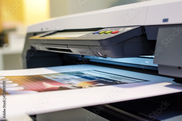 Fototapeta Printer on a desk with paper. Office equipment for document printing and copying. Modern laser or inkjet printer.