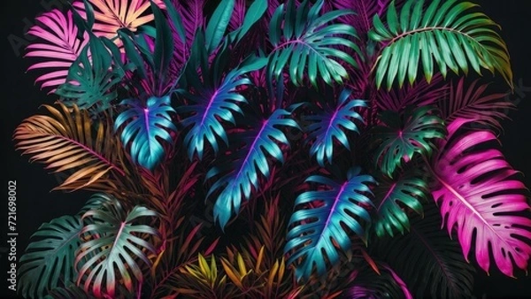Fototapeta Tropical leaves captured in a neon glow on a dark background, with hues of pink, blue, yellow, green, in a 3D rendering focused on aesthetics