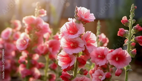 Obraz Sunlight softly illuminates pink hollyhocks in a serene garden setting.	