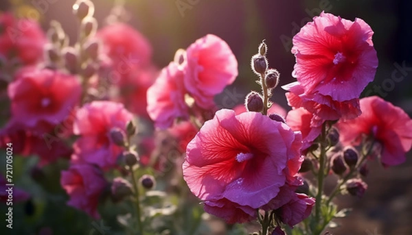 Obraz Sunlight softly illuminates pink hollyhocks in a serene garden setting.	