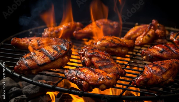 Fototapeta Glossy grilled chicken on a grill with smoke against a dark background, AI generated