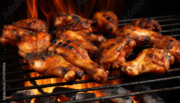 Fototapeta Grilled chicken wings on a barbecue with visible flames and grill marks, AI generated