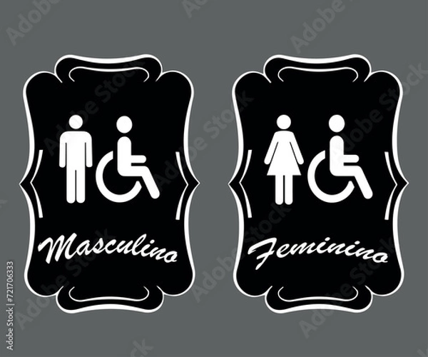 Fototapeta Placa Banheiro com Moldura. Arte para sanitários masculino e feminino de fundo preto, com detalhes em branco.