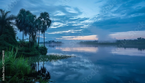 Fototapeta A serene twilight scene with a waterfall flowing from Inga fall in the democratic republic of Congo through rocks surrounded by trees, AI generated	