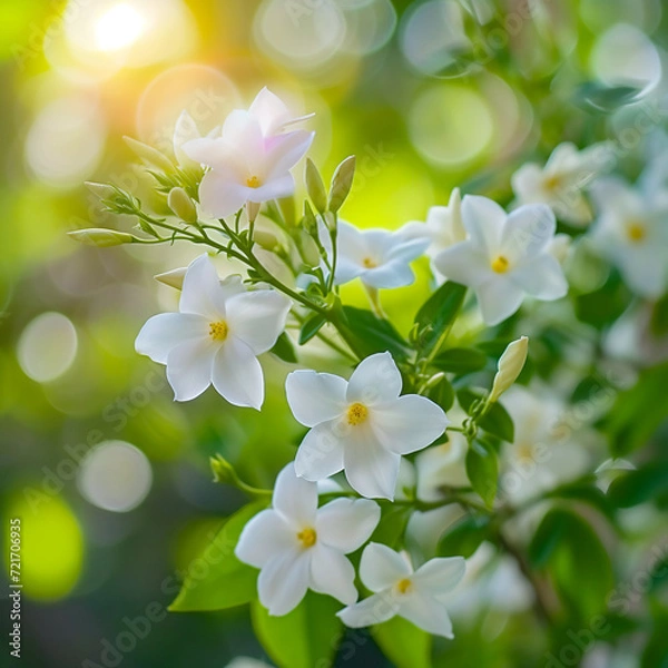 Obraz white flowers with green leaves against s vibrant bokeh background, AI generated.	