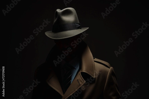 Fototapeta A mysterious man in a hat and coat in the shadows