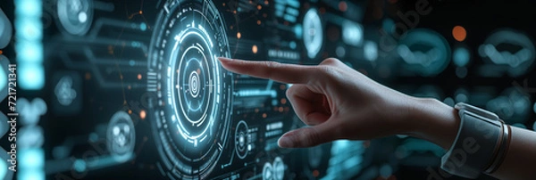 Fototapeta Hand pressing button on virtual screen.