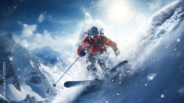 Fototapeta Snowy Slope Thrill Ride: Skiing on a slope with snowflakes, creating an action-packed scene showcasing winter sports.