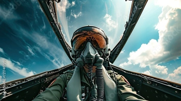 Obraz close-up a fighter pilot cockpit view under cloudy blue sky.