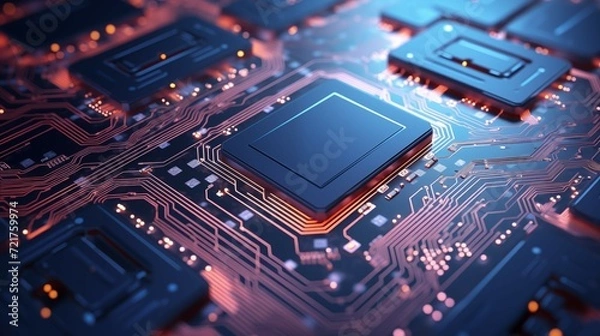 Fototapeta A close-up of a computer circuit board with glowing pixels. 