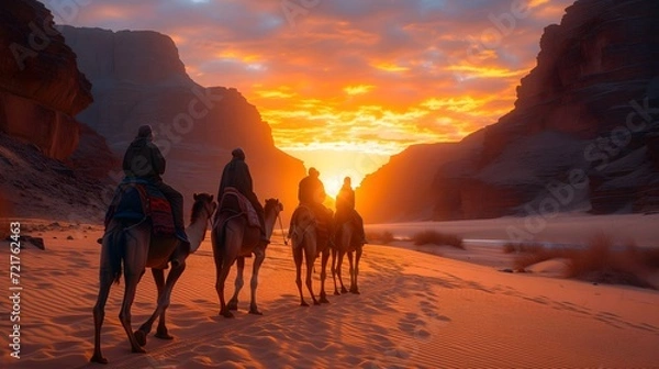 Obraz Ramadan background man riding a camel in the desert with sunset view. Eid Mubarak, happy fasting, eid al fitr