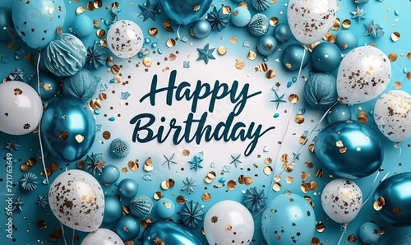 Obraz Celebration of joy happy birthday delights balloons rise confetti in flight. Festival of life in colors so bright greetings and wishes in party light. Golden moments framed day so fine memories